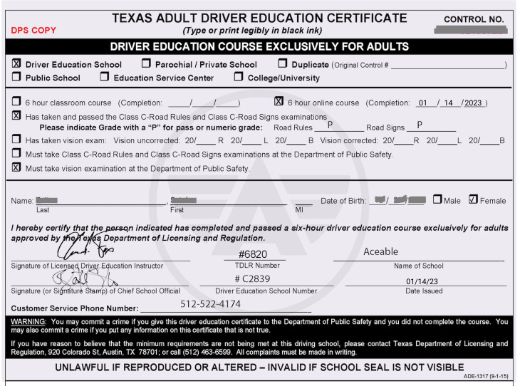 Aceable,オンライン筆記試験,アメリカテキサス州運転免許,修了証
